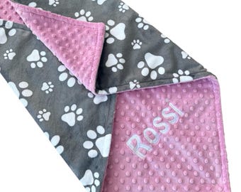 Personalized Paw Print Dog Blanket - Custom Name Embroidered Pet Blanket - Soft Minky Puppy Blanket, Small to Extra Large, 6 Sizes