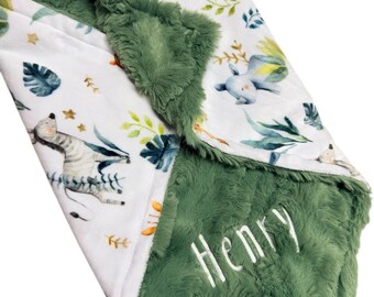 Personalized Watercolor Safari Baby Blanket, Embroidered Minky Blanket