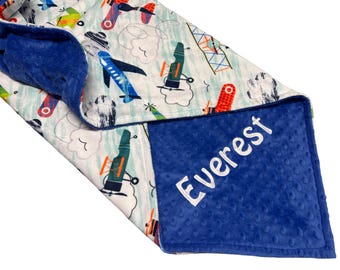 Personalized Airplane Minky Baby Blanket: Custom Embroidered Name