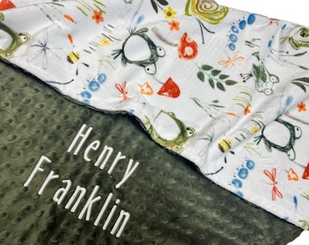 Personalized Minky Baby Blanket, Frog Toadstool Print, Custom Boy Gift