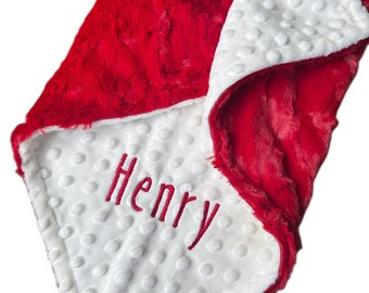 Personalized Minky Baby Blanket, Red and White, Custom Name