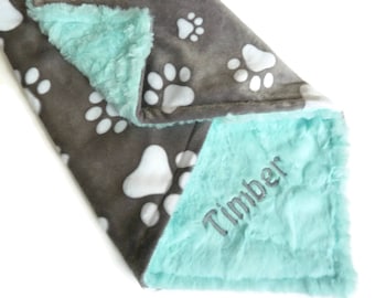 Personalized Paw Print Minky Pet Blanket, Custom Embroidery