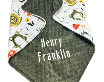 Personalized Frog Toadstool Baby Blanket, Custom Minky Blanket