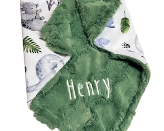 Personalized Dinosaur Minky Baby Blanket, Embroidered Newborn Gift
