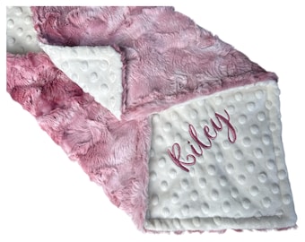 Personalized Baby Blanket - Pink Faux Fur & Dot Minky - Custom Name Blanket