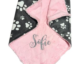 Personalized Minky Dog Blanket - Embroidered Paw Print Puppy Blanket