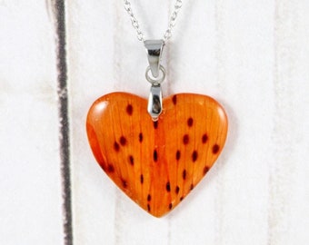 Pressed Orange Tiger Lily Heart Pendant Necklace - Botanical Resin Jewelry