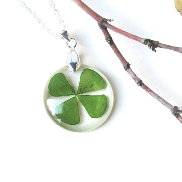 Four leaf clover necklace - Lucky charm resin pendant - Shamrock resin necklace