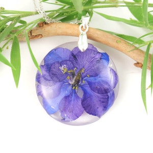 July birth month flower necklace Larkspur pressed flower necklace Gift for daughter image 1