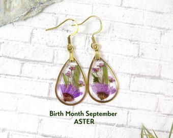 Birth month flower September resin earrings - unique gift for her Birthday - pressed flower - dangle earrings - 18K gold plated hooks
