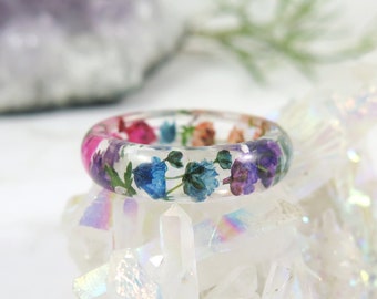 Real flower resin ring, Pressed flower jewelry, Rainbow ring, gift for her, Botanical ring