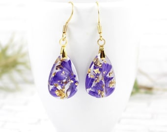 Purple Flower Resin Earrings: Gold Flake Botanical Dangle Earrings
