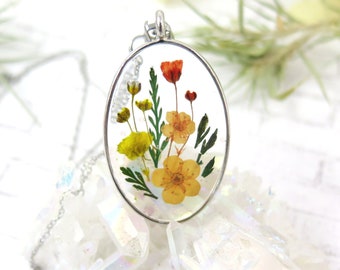 Handmade Pressed Flower Pendant - Oval Resin Necklace Orange Yellow Bloom