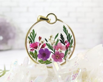 Pressed Flower Resin Necklace - Gold Bezel Pendant, Dried Flowers