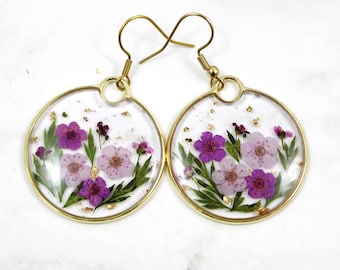 Real Pressed Flower Earrings | Botanical Resin Jewelry, Gold Frame