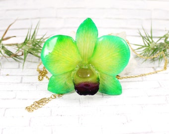 Preserved Green Orchid Necklace: Handmade Resin Flower Pendant