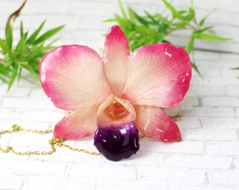 Real Dendrobium Orchid Necklace: Handmade Resin Flower Jewelry