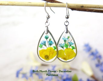 Birth month flower December resin earrings - unique gift for her Birthday - pressed flower dangle earrings