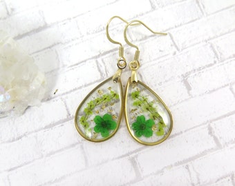 Pressed Flower Resin Earrings: 18K Gold Plated Hooks, Baby's Breath