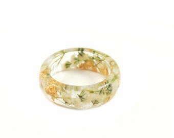 Gold flakes and white babys breath ring Pressed flower resin ring gift for best friend