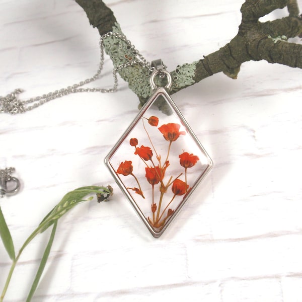 Tiny pressed flower necklace - Rhombus resin pendant - Valentines Day gift for her