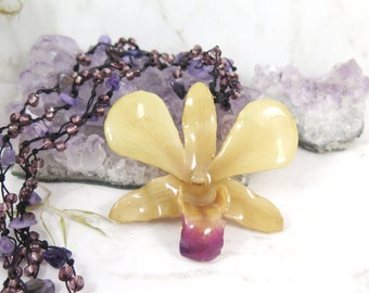Amethyst chip beaded Necklace Nobile Dendrobium Orchid flower resin pendant