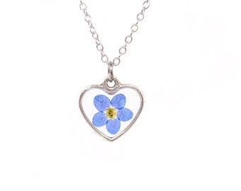 Forget Me Not necklace - Pressed flower resin heart pendant - Valentines gift