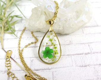 Pressed flower necklace - Gold frame teardrop pendant - Gift for her