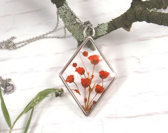 Tiny pressed flower necklace - Rhombus resin pendant - Valentines Day gift for her