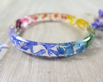 Rainbow Skinny Stacking bracelet - pressed flower Thin bangle - Real Flower Bangle Bracelet - Resin Bracelet- - Botanical jewelry Size L