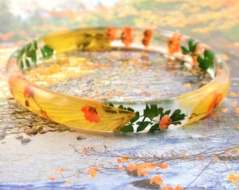 Real Flower Bangle - Skinny Stacking Bangle - pressed flowers Resin Bracelet, Autumn jewelry - Size L