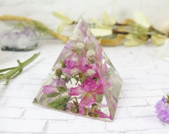 Real flower home decor pyramid - Resin pyramid pink roses - dad gift - Paperweinght keepsake decor