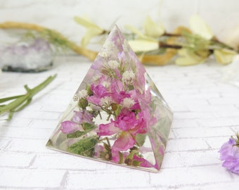 Real Flower Resin Pyramid with Pink Roses | Keepsake Home Decor Gift