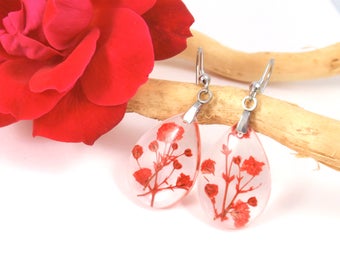 Red Babys breath flowers teardrop earrings