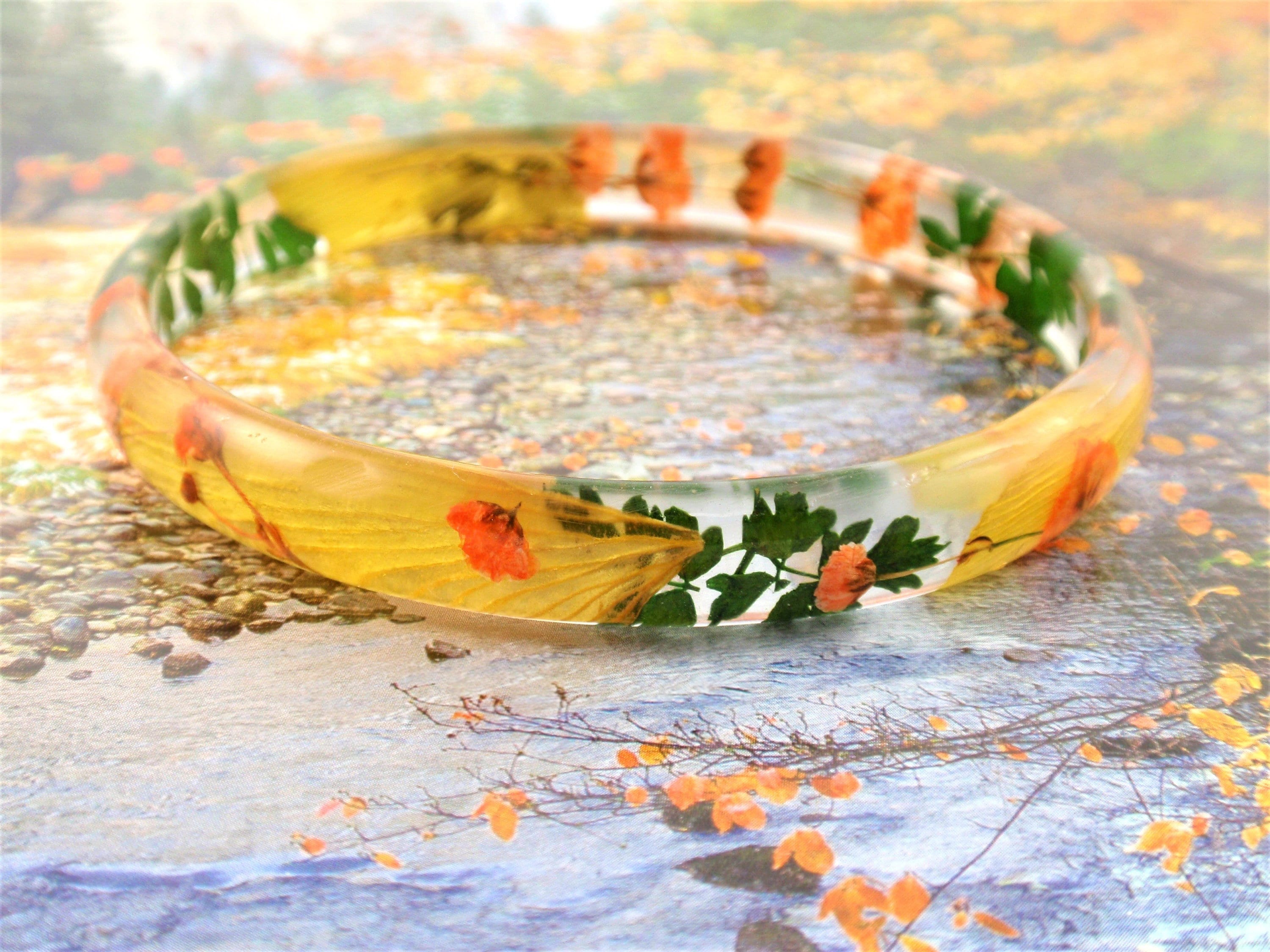 Real Flower Bangle Skinny Stacking Bangle Pressed Flowers Resin Bracelet Autumn Jewelry Size L Etsy UK