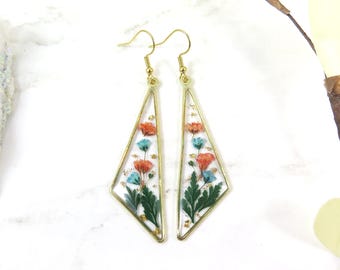 Pressed Flower Resin Earrings: 18K Gold Plated Hooks, Baby's Breath