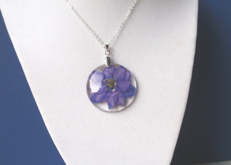 July birth month flower necklace Larkspur pressed flower necklace Gift for daughter image 5