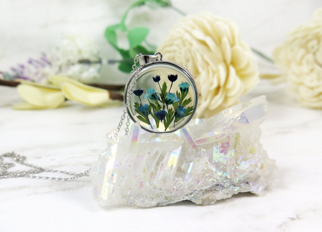Blue Baby Breath Flower Necklace Small Pressed Flower Necklace