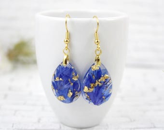 Blue pressed flower earrings - Resin dangle drop earrings with gold plated hooks