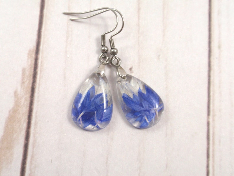 Blue Cornflower dangle pressed flower earrings Real flower resin earrings gift image 3