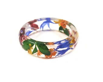 Wildflower nature ring, Pressed flower jewelry, stackable Resin ring with real flowers, gift for her