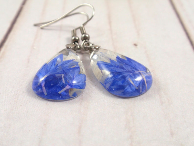 Blue Cornflower dangle pressed flower earrings Real flower resin earrings gift image 2