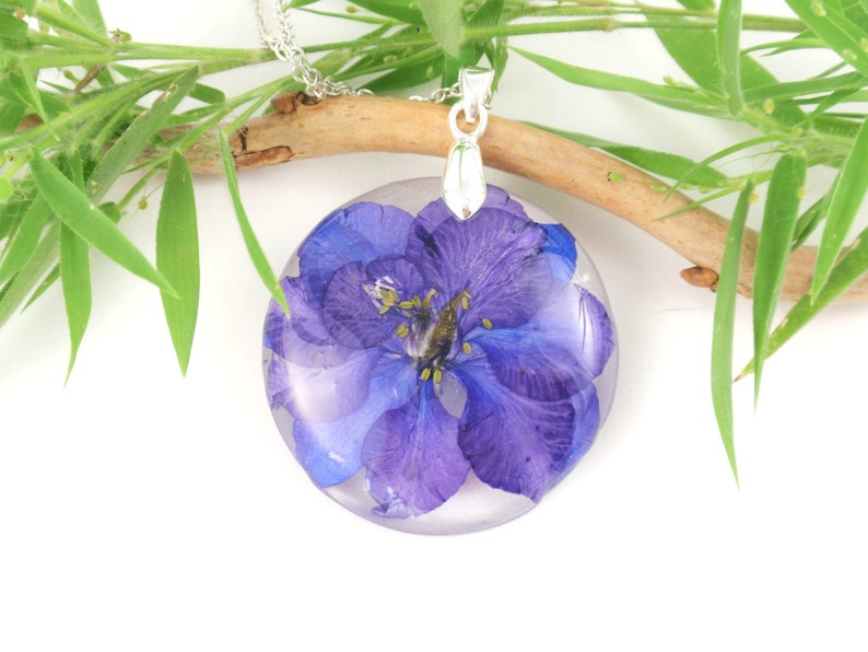 July birth month flower necklace Larkspur pressed flower necklace Gift for daughter image 1