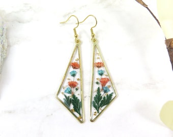 Pressed flowers resin earrings - Dried flowers dangle earrings - Long 18K gold plated hooks