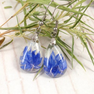 Blue Cornflower dangle pressed flower earrings Real flower resin earrings gift image 4