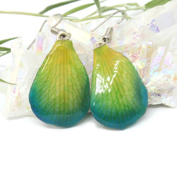 Real Orchid Petals Botanical Earrings,  Pressed Flower Resin jewelry, Blue Green earrings, floral drop earrings