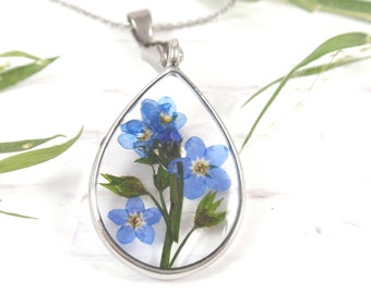 Collier en résine Forget Me Not - Collier fleurs pressées - Collier pendentif en forme de larme