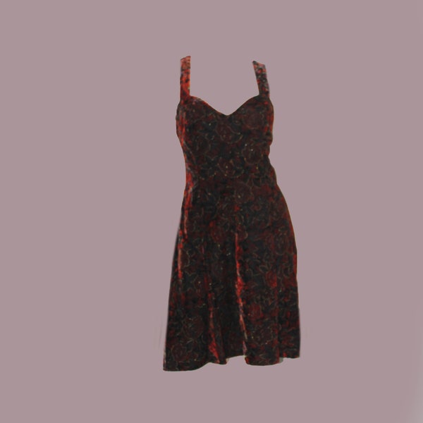 90s Vintage Velvet Aline  Black Red and Gold Rose Skater Swing Dress