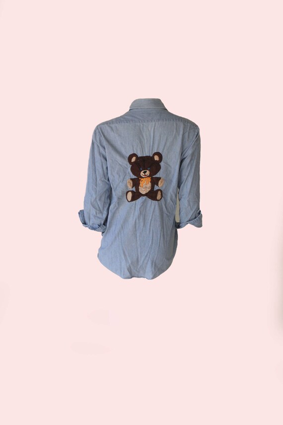 70's Denim Chambray Teddy Bear Embroidered Button