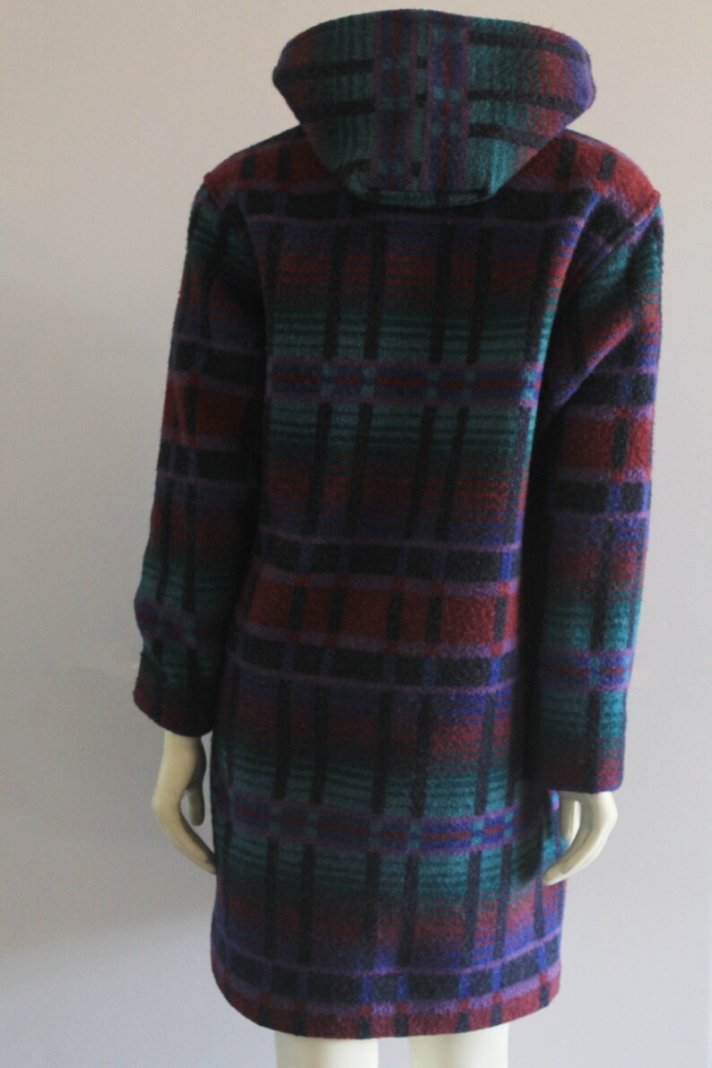 Late 70/'s Vintage L.L.Bean Teal Purple /& Burgundy Hooded Wool Coat w Toggle Buttons